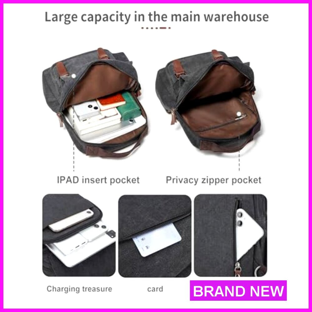 Canvas Messenger Bag Crossbody Backpack 11 Pockets Laptop Compatible Unisex - Picture 3 of 7